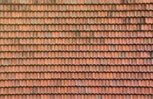 Close up of red terracotta roof shingles with some mildew. Background texture of roofing material photo