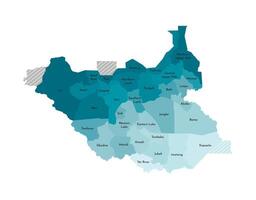 isolated illustration of simplified administrative map of South Sudan. Borders and names of the states, regions. Colorful blue khaki silhouettes. vector