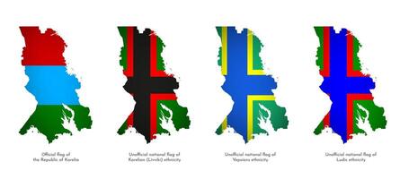 isolated set with with national Karelian and unofficial Ludic, Livviki, Vepsians ethnicity flags, which is russian region. Volume shadow on the maps. White background vector