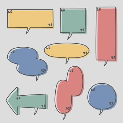collection set of hand draw colorful pastel color speech bubble balloon with quotation marks, think, speak, talk, text box, banner