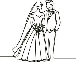 Continuous line drawing of bride and groom at wedding vector