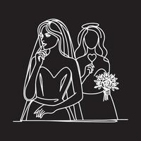 Continuous line drawing of bride and groom at wedding vector