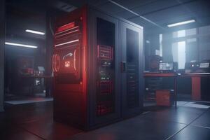Data processing center. Server room in red light. Neural network photo