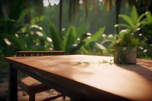 Jungle table background. Interior table for a cosmetic item against the backdrop of tropical plants, palms and jungle. Neural network photo