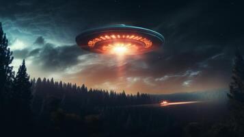 UFO, an alien plate hovering over the field, hovering motionless in the air. Neural network photo