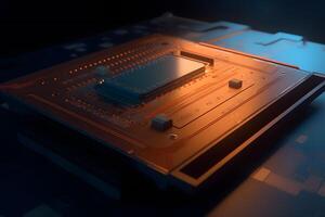 Close-up view of a modern GPU card with circuit and colorful lights and details. Neural network photo
