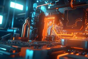 Close-up view of a modern GPU card with circuit and colorful lights and details. Neural network photo