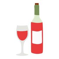 Flat Wine bottle and Drinking Glass isolated on white background. Cartoon illustration of Red Grape Wine. Graphic object for Card Design, Restaurant Menu, Poster Alcoholic Drink, Merlot, Winery vector