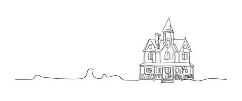 Haunted house continuous one line drawing, single line art element, minimalist sketch line illustration, halloween spooky concept vector
