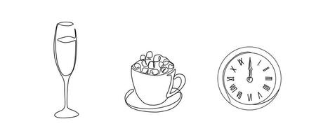 Champagne, hot cocoa marshmellows, clock continuous one line drawing, single line art element, minimalist sketch line illustration, christmast winter new year concept vector