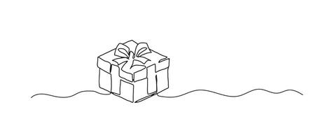 Gift box continuous one line drawing, single line art element, minimalist sketch line illustration, christmas winter new year concept vector