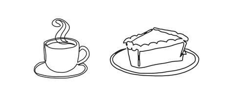 Hot cocoa coffee, pumpkin pie continuous one line drawing, single line art element, minimalist sketch line illustration, autum and thanksgiving concept vector