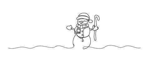 Snowman continuous one line drawing, single line art element, minimalist sketch line illustration, christmas winter new year concept vector
