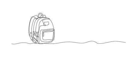 Student backpack continuous one line drawing, single line art element, minimalist sketch line illustration, back to school concept vector