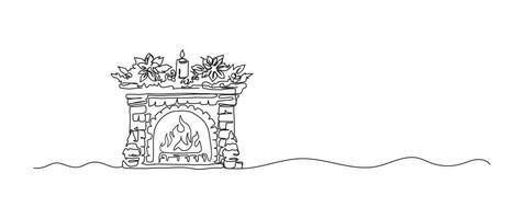 Fireplace and candle continuous one line drawing, single line art element, minimalist sketch line illustration, christmas winter new year concept vector