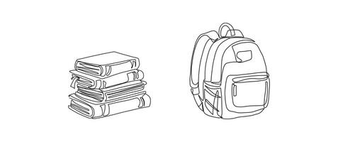 Stack of books, student backpack continuous one line drawing, single line art element, minimalist sketch line illustration, back to school concept vector