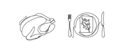 Toasted turkey dinner continuous one line drawing, single line art element, minimalist sketch line illustration, autum and thanksgiving concept vector