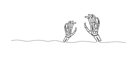 Zombie ghost hands continuous one line drawing, single line art element, minimalist sketch line illustration, halloween spooky concept vector
