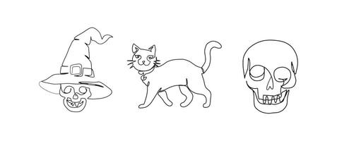 Skull, witch hat, cat skeleton continuous one line drawing, single line art element, minimalist sketch line illustration, autum and thanksgiving concept vector