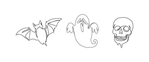 Bat, ghost, skull skeleton continuous one line drawing, single line art element, minimalist sketch line illustration, autum and thanksgiving concept vector