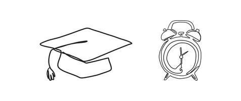 Graduation cap, clock continuous one line drawing, single line art element, minimalist sketch line illustration, back to school concept vector
