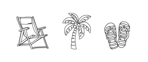 Beach chair, flip flops, palm tree continuous one line drawing, single line art element, minimalist sketch line illustration, summer holiday concept vector