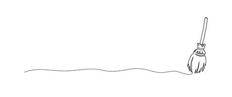 Witch broom continuous one line drawing, single line art element, minimalist sketch line illustration, halloween spooky concept vector