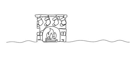 Fireplace and socks continuous one line drawing, single line art element, minimalist sketch line illustration, christmas winter new year concept vector
