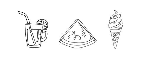 Watermelon, ice cream, fruit drink continuous one line drawing, single line art element, minimalist sketch line illustration, summer holiday concept vector