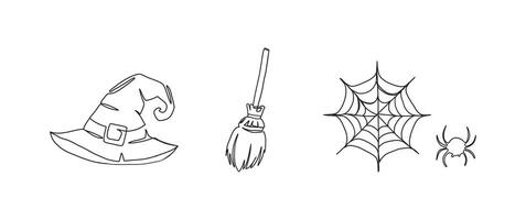 Witch hat, broom, spider net continuous one line drawing, single line art element, minimalist sketch line illustration, autum and thanksgiving concept vector