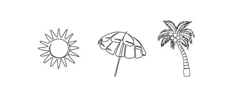 Sun, beach umbrella, palm tree continuous one line drawing, single line art element, minimalist sketch line illustration, summer holiday concept vector