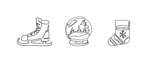 Ice skate, snow globe, sock continuous one line drawing, single line art element, minimalist sketch line illustration, christmast winter new year concept vector