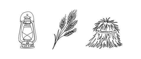 Lantern, wheat stalks and haystack continuous one line drawing, single line art element, minimalist sketch line illustration, autum and thanksgiving concept vector