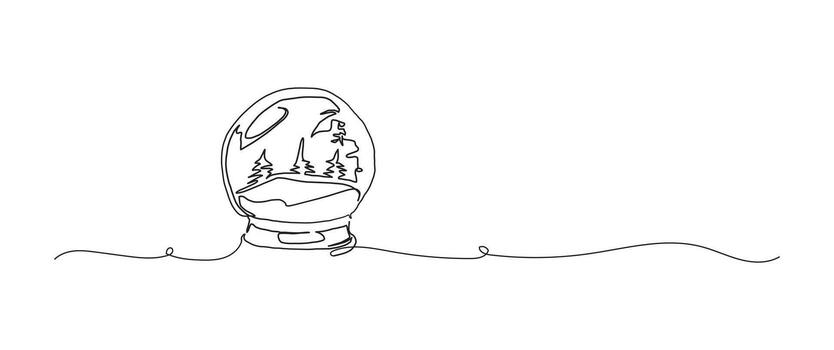 Snow globe continuous one line drawing, single line art element, minimalist sketch line illustration, christmas winter new year concept vector