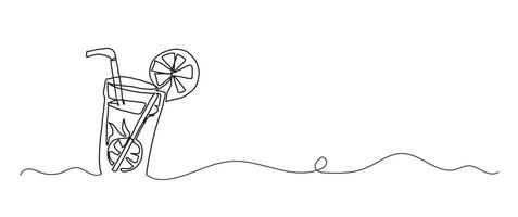 Lemonade fruit drink continuous one line drawing, single line art element, minimalist sketch line illustration, summer travel holiday concept vector