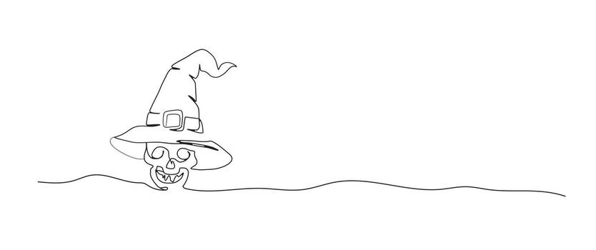 Skull and witch hat continuous one line drawing, single line art element, minimalist sketch line illustration, halloween spooky concept vector