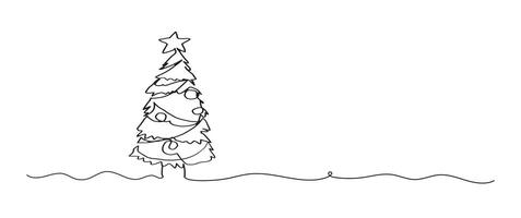 Christmas tree continuous one line drawing, single line art element, minimalist sketch line illustration, christmas winter new year concept vector