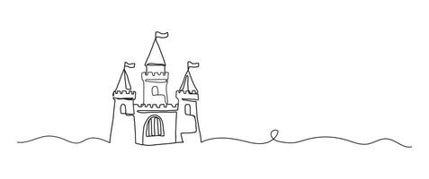 Sandcastle continuous one line drawing, single line art element, minimalist sketch line illustration, summer travel holiday concept vector