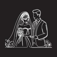 Continuous line drawing of bride and groom at wedding vector