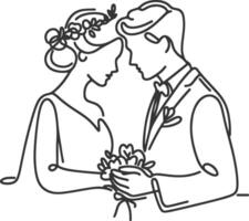 Continuous line drawing of bride and groom at wedding vector