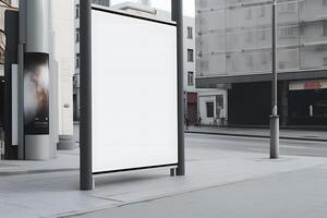 Modern vertical billboard with empty screen for commercial advertisement standing. Neural network photo