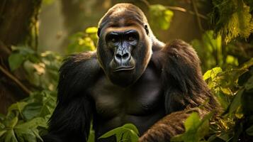 A silverback mountain gorilla in a rainforest. Neural network photo