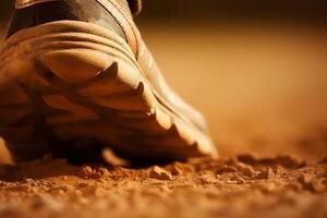 Close-up of a man's legs running along the road. Running through dusty terrain with emphasis on the runner's legs. Neural network photo