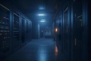 Shot of Data Center With Multiple Rows of Fully Operational Server Racks. Modern Telecommunications. Neural network photo