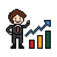 Cute pixel cartoon 8bit character business man businessman smart chart graph game for decoration business 8 bit male career smart character game. vector