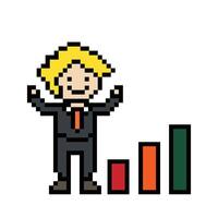 Cute pixel cartoon 8bit character business man businessman smart chart graph game for decoration business 8 bit male career smart character game. vector