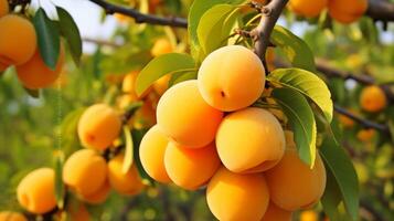 A bunch of ripe apricots on a branch. Neural network photo
