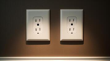 White wall mounted socket board with two electrical sockets and a switch. Neural network photo