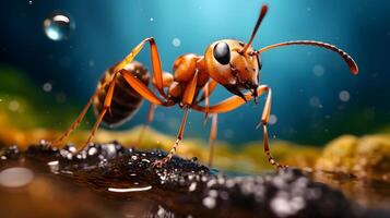 Red ants are looking for food on green branches. Neural network photo
