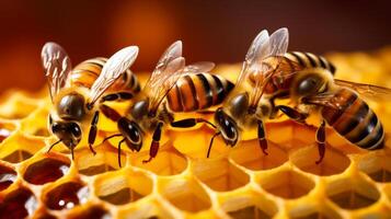 bee on honeycombs with honey slices nectar into cells. Neural network photo